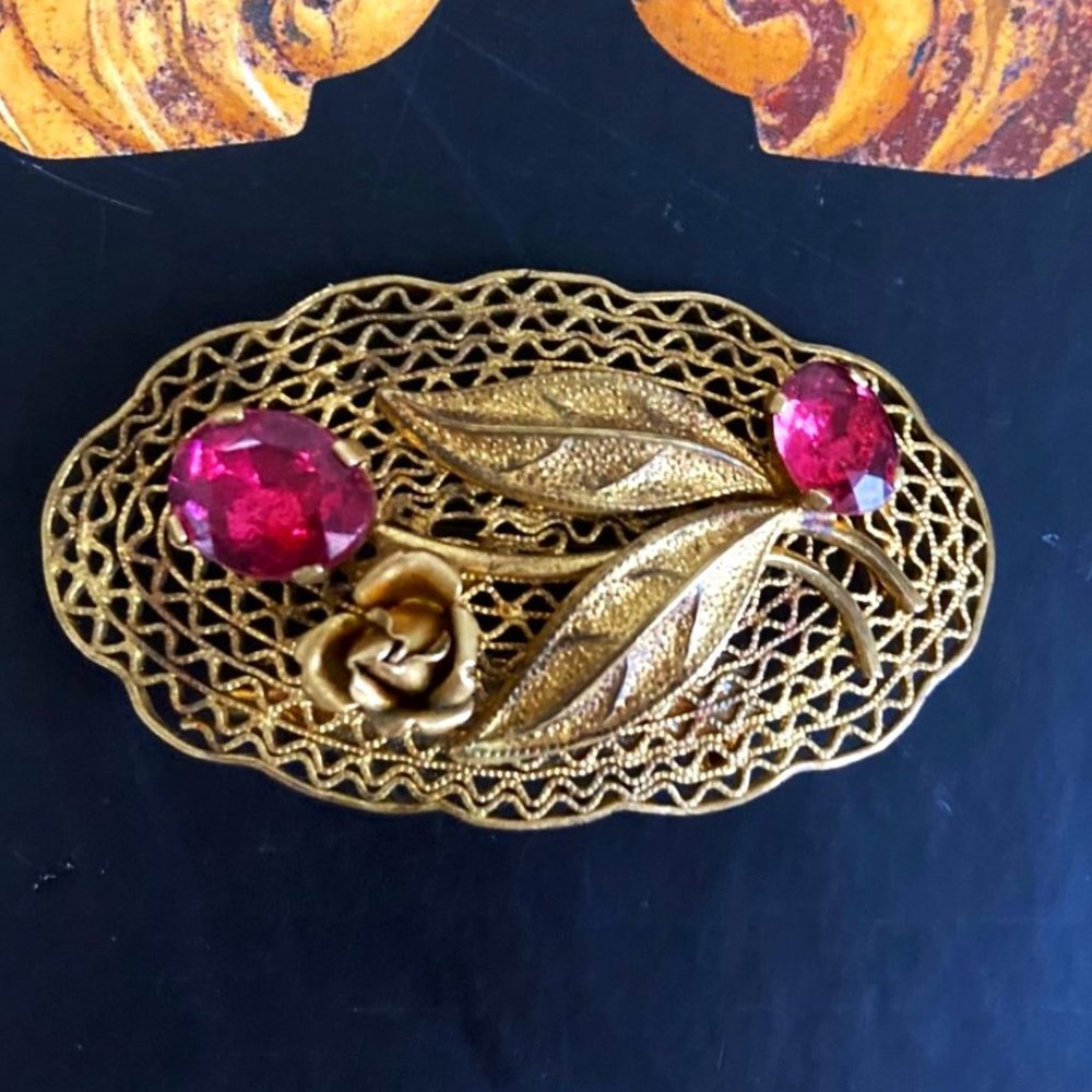 TAKE 1/2 OFF! Antique Czech floral filigree brooch with pink stones